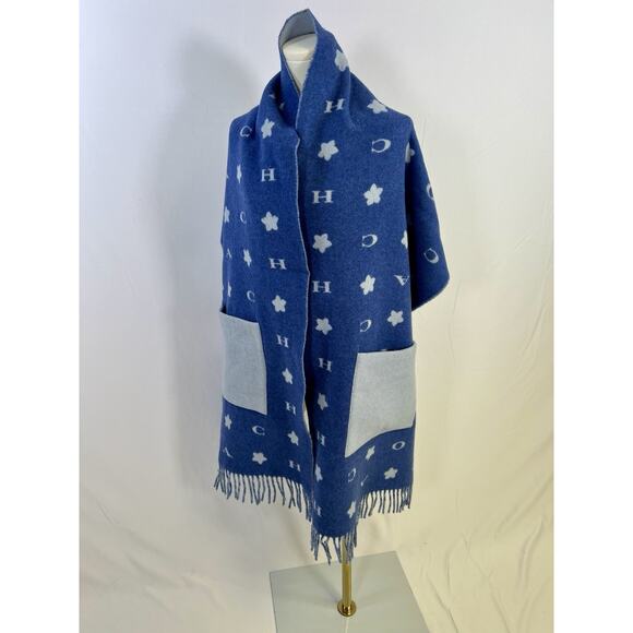 Coach Logo Blue Oversized Muffler Wool W.Pocket Shawl 80 inches - Picture 8 of 11